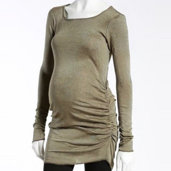 Michael Stars Long Sleeve Ruched Maternity Tunic Top One Size Green Khaki Shine - Picture 11 of 11